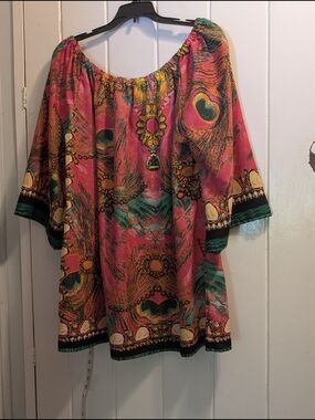 Women’s Off-Shoulder 2Xl Peasant Top in Pink Multi Tropical Beach Shirt EUC